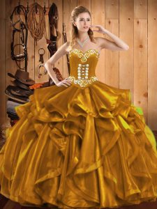 On Sale Gold Quinceanera Gown Military Ball and Sweet 16 and Quinceanera with Embroidery and Ruffles Sweetheart Sleeveless Lace Up