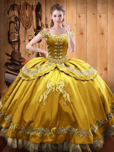Off The Shoulder Sleeveless 15th Birthday Dress Floor Length Beading and Embroidery Gold Satin and Organza