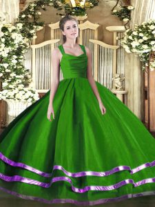 Green Ball Gowns Organza Straps Sleeveless Ruffled Layers and Ruching Floor Length Zipper Ball Gown Prom Dress