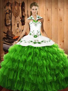 On Sale Ball Gowns Satin and Organza Halter Top Sleeveless Embroidery and Ruffled Layers Floor Length Lace Up Quinceanera Dresses
