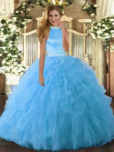 Simple Baby Blue Mermaid Beading and Ruffles Vestidos de Quinceanera Backless Organza Sleeveless Floor Length