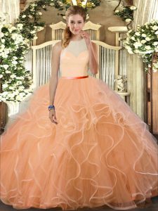 Most Popular High-neck Sleeveless Sweet 16 Dresses Floor Length Ruffles Peach Tulle