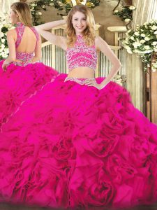 Hot Pink Backless Quince Ball Gowns Beading and Ruffles Sleeveless Floor Length