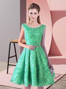 Knee Length Turquoise Prom Dresses Lace Sleeveless Belt