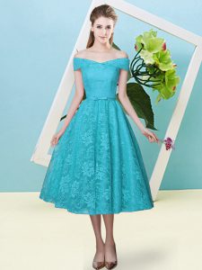 Tea Length Teal Vestidos de Damas Off The Shoulder Cap Sleeves Lace Up