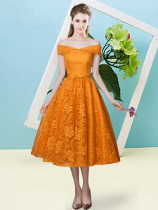 Orange Red Off The Shoulder Neckline Bowknot Court Dresses for Sweet 16 Cap Sleeves Lace Up