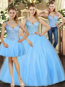 Romantic Baby Blue Three Pieces Straps Sleeveless Tulle Floor Length Lace Up Beading Quinceanera Gown