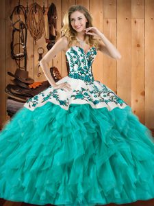 Fantastic Turquoise Satin and Organza Lace Up Sweetheart Sleeveless Floor Length Quinceanera Dress Embroidery and Ruffles