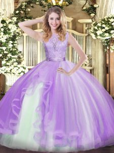 Perfect Sleeveless Organza Floor Length Backless Quince Ball Gowns in Lavender with Lace and Ruffles