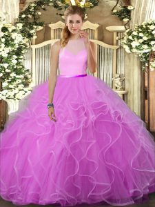 Discount Lilac Ball Gowns Ruffles Vestidos de Quinceanera Backless Tulle Sleeveless Floor Length