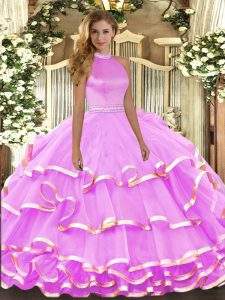 Shining Halter Top Sleeveless Ball Gown Prom Dress Floor Length Beading and Ruffled Layers Lilac Organza