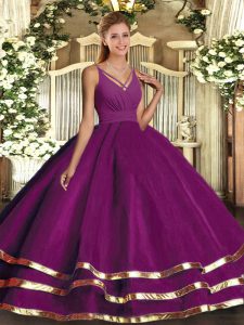 Purple Ball Gowns Tulle V-neck Sleeveless Ruching Floor Length Backless Quinceanera Dress