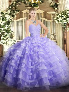 Edgy Lavender Lace Up Quince Ball Gowns Beading and Ruffled Layers Sleeveless Floor Length