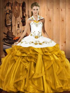 Halter Top Sleeveless Lace Up Quinceanera Gowns Gold Satin and Organza