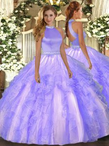 Elegant Lavender Organza Backless Halter Top Sleeveless Floor Length Vestidos de Quinceanera Beading and Ruffles