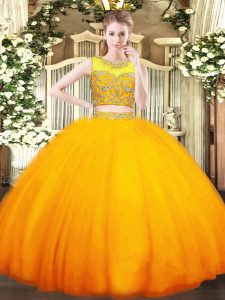 Exceptional Orange Sleeveless Floor Length Beading Zipper Quinceanera Gowns