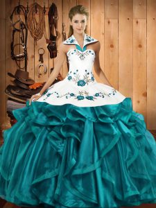 Most Popular Satin and Organza Sleeveless Floor Length Sweet 16 Dress and Embroidery and Ruffles