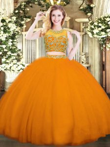 Suitable Orange Red Sleeveless Beading Floor Length Quinceanera Gowns