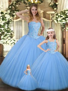 Gorgeous Baby Blue Sleeveless Beading Floor Length 15 Quinceanera Dress