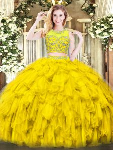 Floor Length Zipper Sweet 16 Quinceanera Dress Gold for Military Ball and Sweet 16 and Quinceanera with Beading and Ruffles