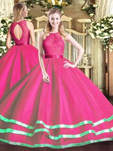 Exquisite Hot Pink Tulle Zipper Scoop Sleeveless Floor Length Quinceanera Gowns Lace