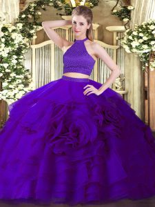 Purple Two Pieces Tulle Halter Top Sleeveless Beading and Ruffles Floor Length Backless Quince Ball Gowns