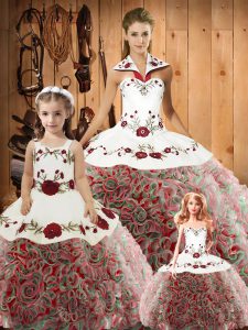 Sleeveless Satin and Fabric With Rolling Flowers Floor Length Lace Up 15 Quinceanera Dress in Multi-color with Embroidery