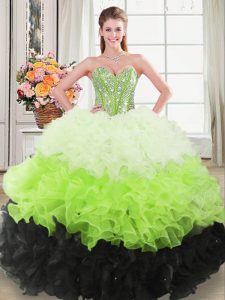 Dramatic Sleeveless Floor Length Beading and Ruffles Lace Up Sweet 16 Dress with Multi-color