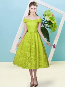 Cap Sleeves Lace Tea Length Lace Up Dama Dress in Olive Green with Bowknot