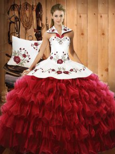 Amazing Floor Length Wine Red 15 Quinceanera Dress Organza Sleeveless Embroidery and Ruffled Layers