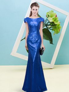 Beautiful Cap Sleeves Sequined Floor Length Zipper Evening Dress in Royal Blue with Sequins