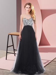 Latest Black Tulle Lace Up Sweetheart Sleeveless Floor Length Quinceanera Dama Dress Beading