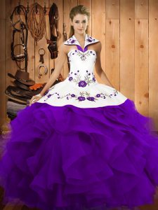 Purple Lace Up 15th Birthday Dress Embroidery and Ruffles Sleeveless Floor Length