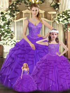 Sleeveless Organza Floor Length Lace Up Quinceanera Gowns in Purple with Beading and Ruffles