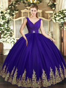 Custom Designed Purple Ball Gowns V-neck Sleeveless Tulle Floor Length Backless Beading and Appliques Quinceanera Dress