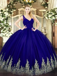 Great Royal Blue Tulle Zipper V-neck Sleeveless Floor Length 15th Birthday Dress Beading and Appliques