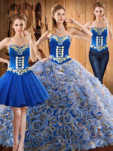 Dazzling Multi-color Sleeveless Satin and Fabric With Rolling Flowers Sweep Train Lace Up Quinceanera Dresses for Military Ball and Sweet 16 and Quinceanera