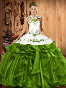 Olive Green Halter Top Neckline Embroidery and Ruffles 15 Quinceanera Dress Sleeveless Lace Up