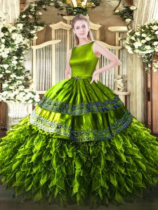 Olive Green Satin and Organza Zipper Quinceanera Gown Sleeveless Floor Length Ruffles