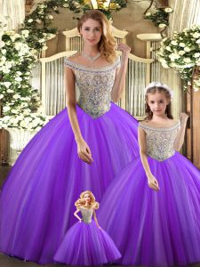 Vintage Sleeveless Tulle Floor Length Lace Up Quinceanera Gowns in Purple with Beading