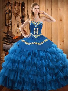 Sleeveless Floor Length Embroidery and Ruffled Layers Lace Up 15 Quinceanera Dress with Blue