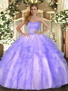 Comfortable Sweetheart Sleeveless Ball Gown Prom Dress Floor Length Ruffles Lavender Organza