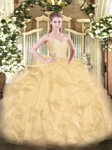 Organza Sweetheart Sleeveless Lace Up Beading and Ruffles 15th Birthday Dress in Gold