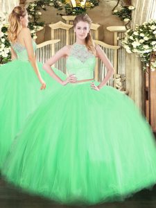 Simple Tulle Sleeveless Floor Length Vestidos de Quinceanera and Lace