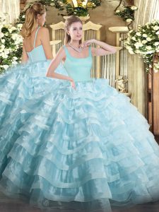 Light Blue Straps Zipper Beading and Ruffled Layers Quinceanera Gowns Sleeveless