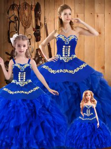 Sleeveless Floor Length Embroidery and Ruffles Lace Up Quinceanera Dresses with Royal Blue