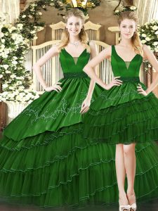 Simple Dark Green Tulle Lace Up Straps Sleeveless Floor Length Sweet 16 Dresses Beading and Ruffled Layers