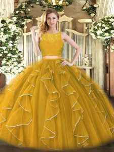 Organza Scoop Sleeveless Zipper Lace and Ruffles Quinceanera Gown in Gold