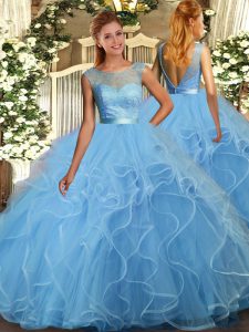 Glamorous Scoop Sleeveless Quince Ball Gowns Floor Length Beading and Ruffles Baby Blue Tulle