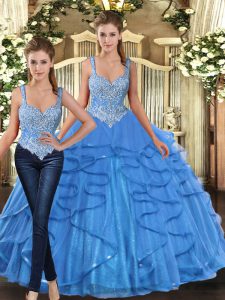 Beauteous Aqua Blue Tulle Lace Up Sweet 16 Dress Sleeveless Floor Length Beading and Ruffles